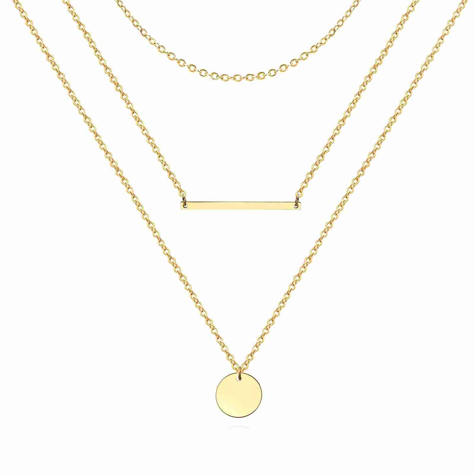 18K gold plated steel necklace with three layered chains featuring a disc pendant and bar charm. Waterproof and hypoallergenic jewelry piece.