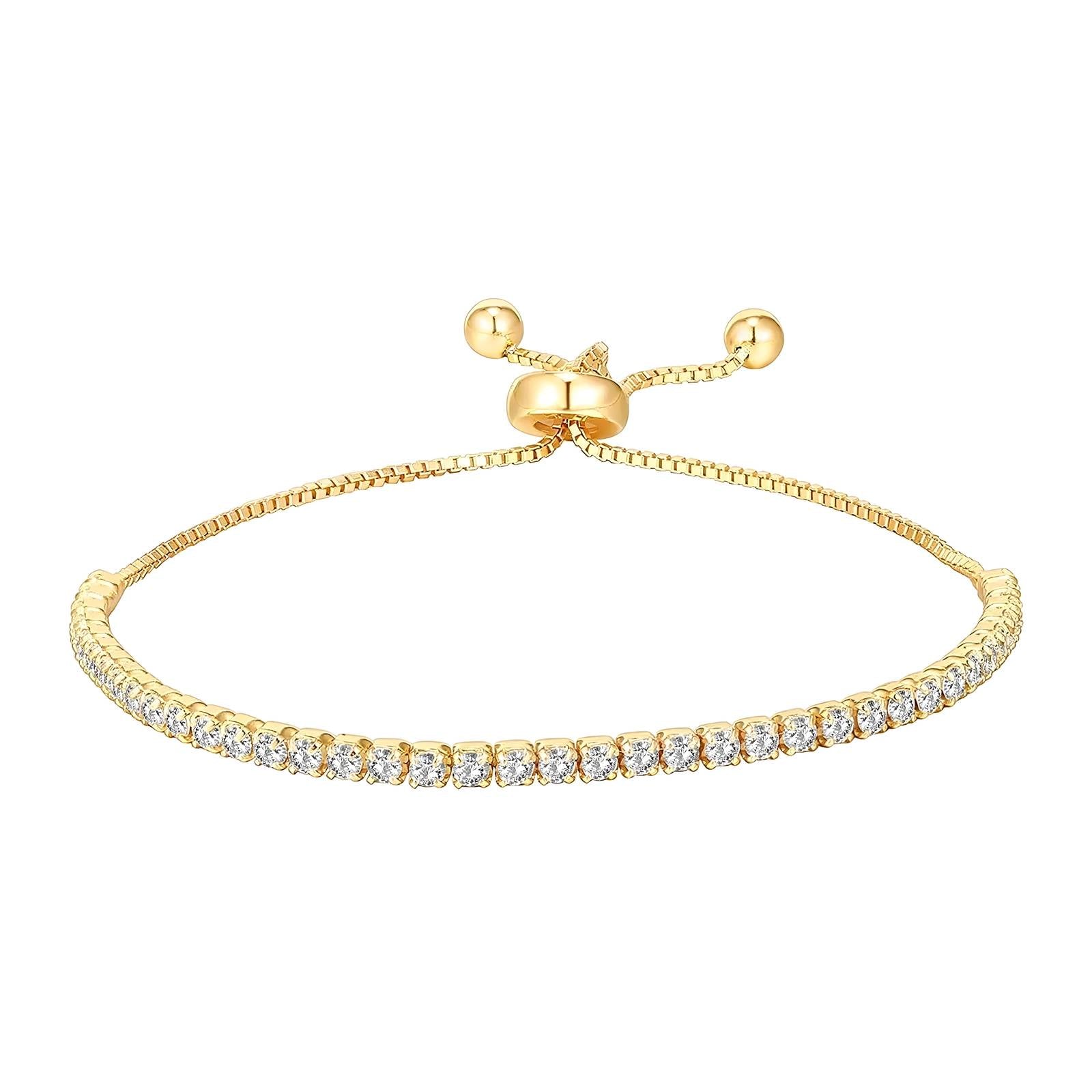 Gold plated tennis bracelet with cubic zirconia inserts and adjustable clasp. Shop gold plated tennis bracelet with zirconia for elegant daily wear.