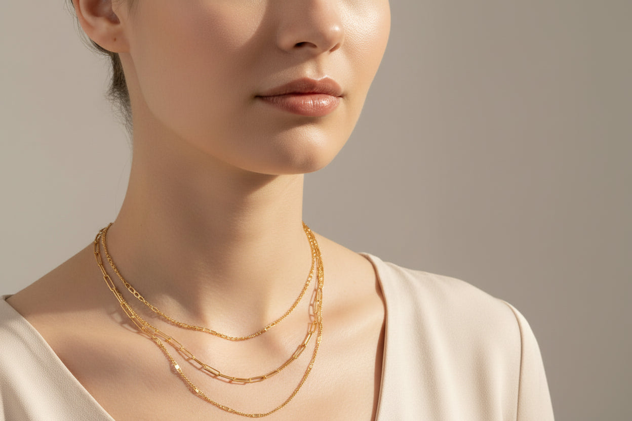 18K gold plated waterproof hypoallergenic necklace with layered chain design worn by woman. Elegant jewelry for sensitive skin in apparel accessories.