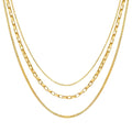18K gold plated waterproof hypoallergenic necklace set featuring four chain styles including box, cable, and paperclip links. Ideal for layering.