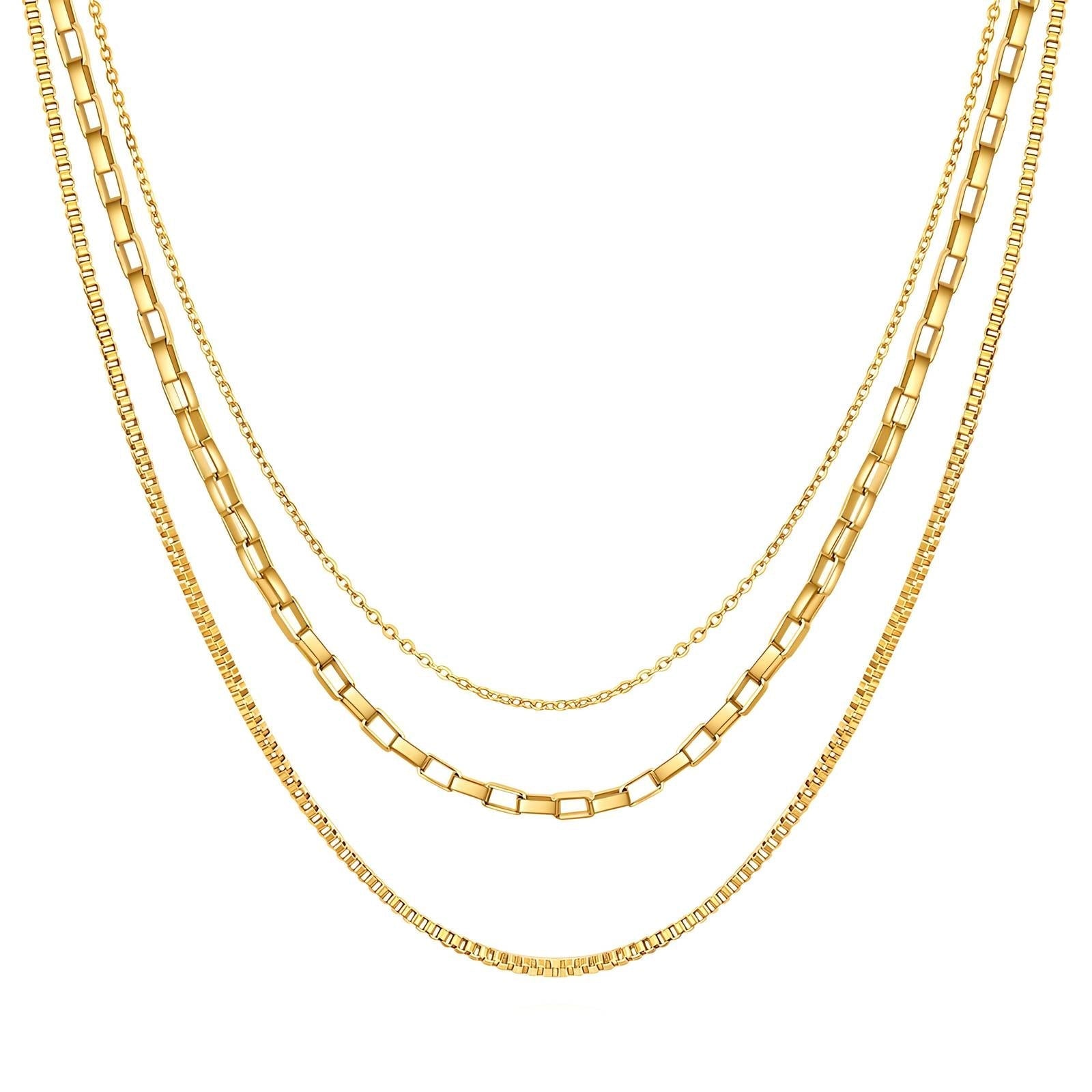 18K gold plated waterproof hypoallergenic necklace set featuring four chain styles including box, cable, and paperclip links. Ideal for layering.