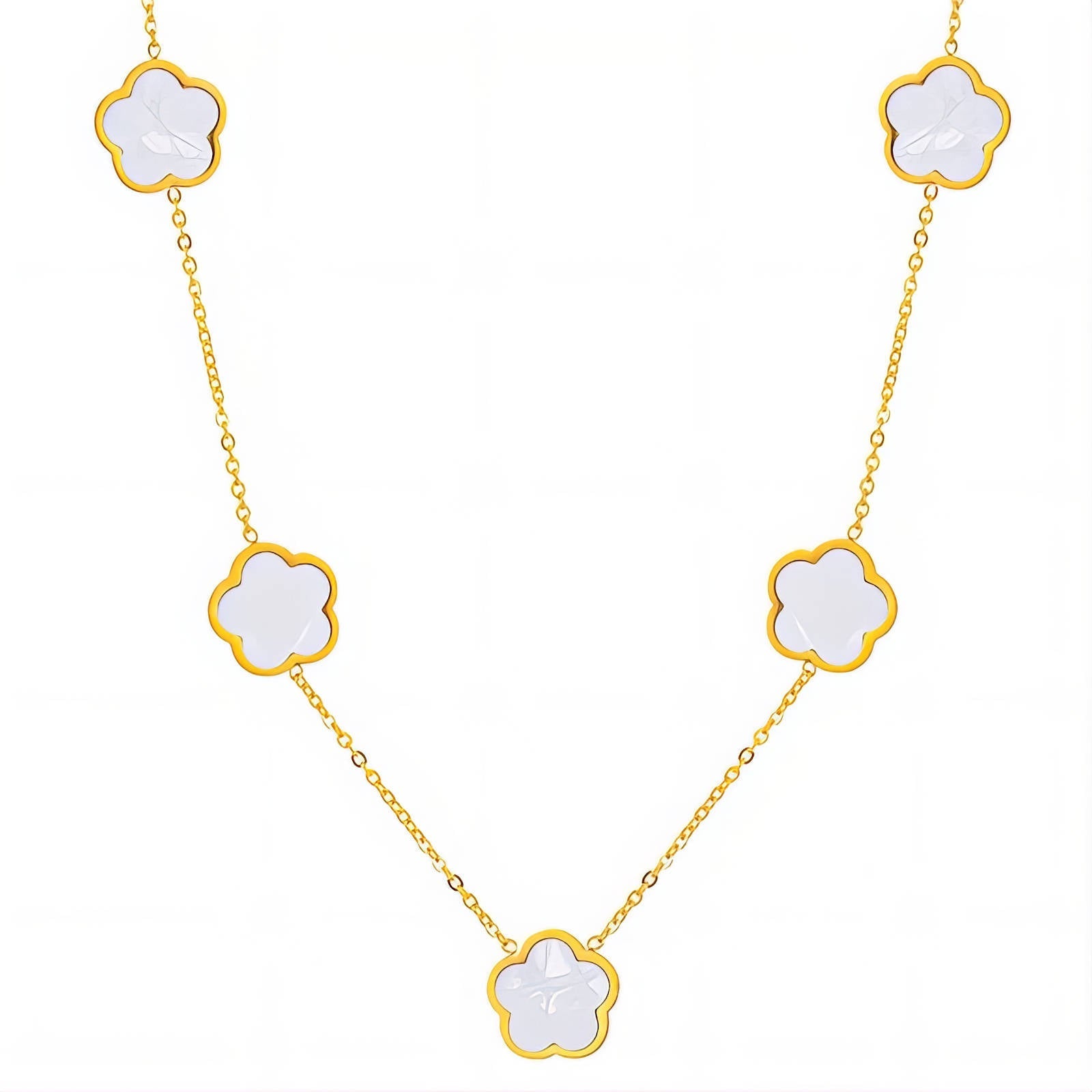 Shop Flower Meadow Necklace - Waterproof Jewelry 18k gold featuring five white floral charms on a delicate gold-plated stainless steel chain.