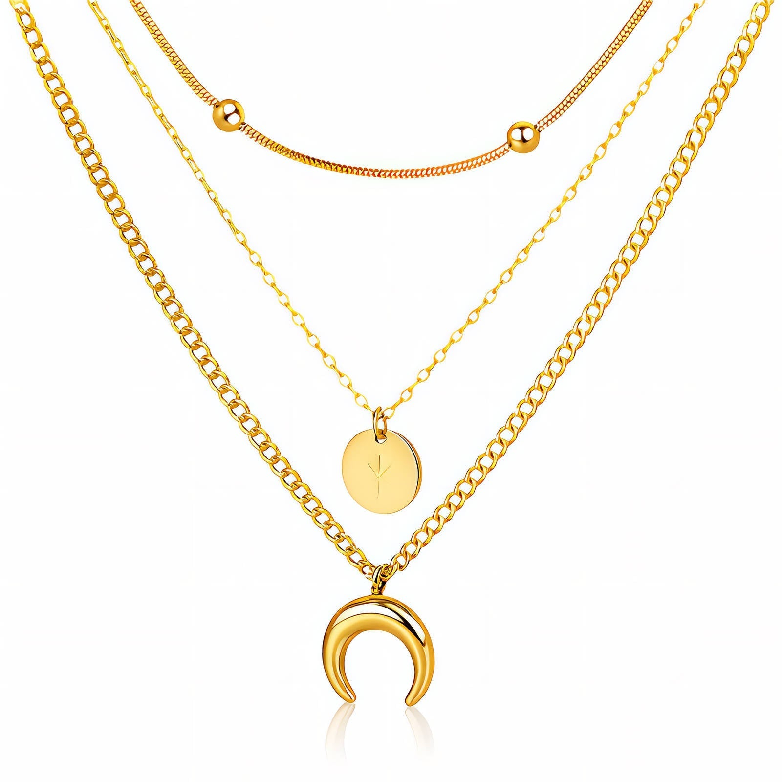 Crescent Star Necklace Gold Plated Steel features layered chains with crescent and disc charms. Elegant, adjustable, and hypoallergenic design.