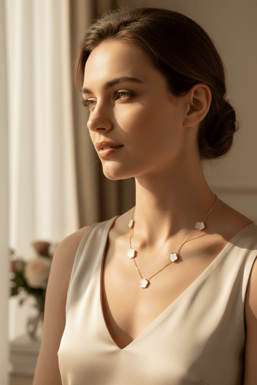 Shop Flower Meadow Necklace - Waterproof Jewelry 18k gold, featuring delicate floral charms on a gold-plated chain, worn with an elegant dress.